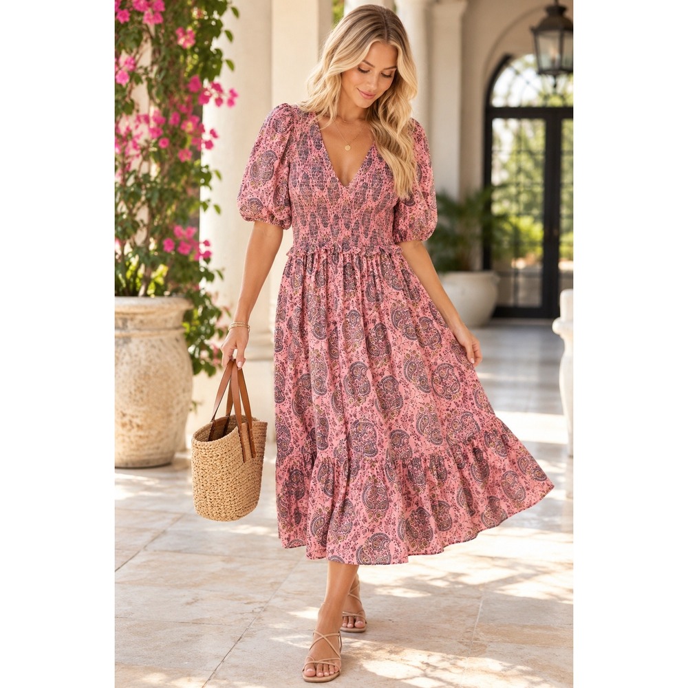Universal Thread Pink Paisley Smocked Puff Sleeve Boho Midi Dress Large
